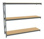 A three-tier metal storage shelf with wooden boards. The shelves are supported by a gray metal frame with perforated sides for adjustable shelving. The image shows a perspective view of the empty shelves.