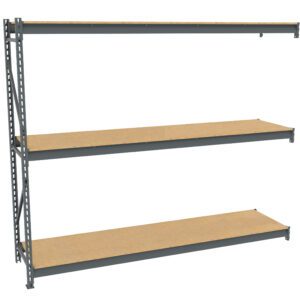 A three-tier metal storage shelf with wooden boards. The shelves are supported by a gray metal frame with perforated sides for adjustable shelving. The image shows a perspective view of the empty shelves.