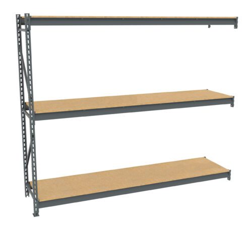 cquyjqd4zjm1pj0ggh1k.jpg A three-tier metal storage shelf with wooden boards. The shelves are supported by a gray metal frame with perforated sides for adjustable shelving. The image shows a perspective view of the empty shelves.