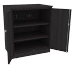 A black metal storage cabinet with one open door and three spacious interior shelves. The cabinet has a plain design and is positioned against a white background.