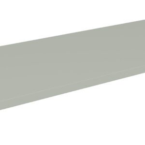 A rectangular gray metal shelf with a smooth surface and slightly raised edges, viewed from an angle, isolated on a white background.