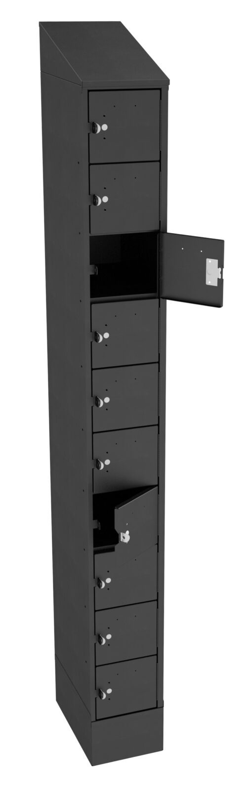 crc30dzeoxt6oe6kku07.jpg Tall black locker with multiple compartments. Some doors are open, showing interior spaces. The locker is standing upright, with a slanted top and a minimalist design.