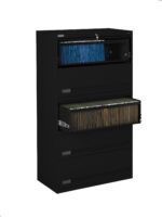 A black, four-drawer filing cabinet with two drawers open. The top open drawer contains blue and black files, while the second open drawer contains brown files. The cabinet stands against a plain white background.