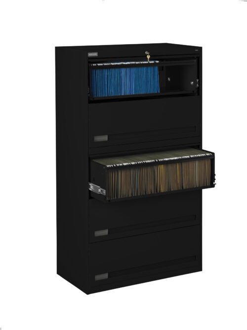 A black, four-drawer filing cabinet with two drawers open. The top open drawer contains blue and black files, while the second open drawer contains brown files. The cabinet stands against a plain white background.