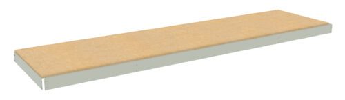 Long rectangular wooden shelf with a beige surface and light gray edges, viewed from an angle against a plain white background.