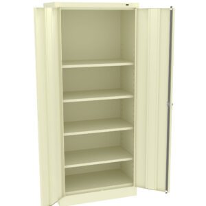 A cream-colored, metal storage cabinet with open double doors revealing five empty shelves inside. The cabinet has a simple, utilitarian design.