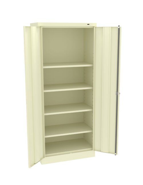 crk6l6uzmzwwkt0fdalt.jpg A cream-colored, metal storage cabinet with open double doors revealing five empty shelves inside. The cabinet has a simple, utilitarian design.