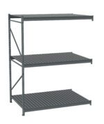 A metal shelving unit with three adjustable horizontal shelves and four vertical supports, designed for heavy-duty storage. The shelves have a slatted design for stability and ventilation. The unit is shown on a white background.