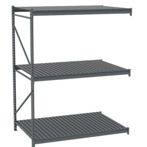 A metal shelving unit with three adjustable horizontal shelves and four vertical supports, designed for heavy-duty storage. The shelves have a slatted design for stability and ventilation. The unit is shown on a white background.