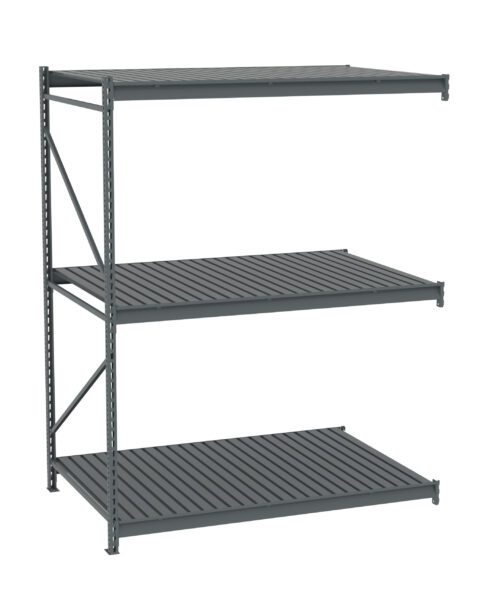 A metal shelving unit with three adjustable horizontal shelves and four vertical supports, designed for heavy-duty storage. The shelves have a slatted design for stability and ventilation. The unit is shown on a white background.