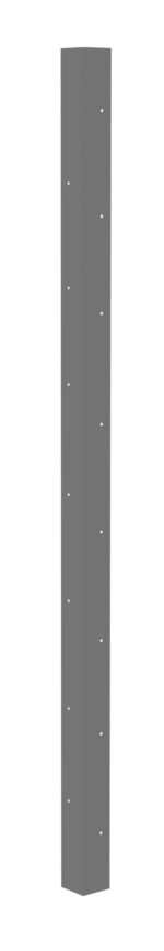 A tall, rectangular gray metal beam with evenly spaced small holes running vertically along its edges, standing upright against a white background.
