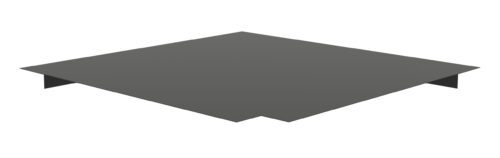 3D rendering of a flat, square panel with a notch on one side and slight overhangs on two opposite edges, set against a plain white background.