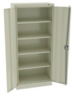 Open beige metal storage cabinet with five empty shelves. The doors are fully open, revealing a lock mechanism on the right side. The cabinet has a sturdy and simple design suitable for organizing items.