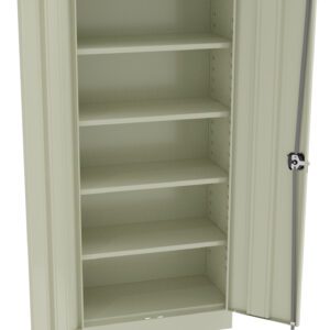 Open beige metal storage cabinet with five empty shelves. The doors are fully open, revealing a lock mechanism on the right side. The cabinet has a sturdy and simple design suitable for organizing items.