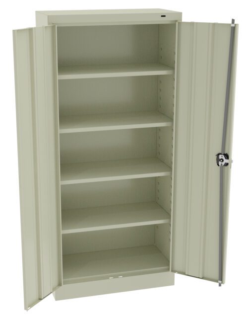 cspede59dz0o5zefcsrr.jpg Open beige metal storage cabinet with five empty shelves. The doors are fully open, revealing a lock mechanism on the right side. The cabinet has a sturdy and simple design suitable for organizing items.
