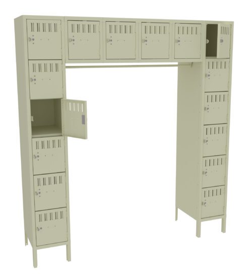 ctavgnpwn2duoqznkikc.jpg A beige metal locker unit with multiple small compartments arranged in a U-shape. Some compartments have open doors, revealing empty spaces inside. The design features small vent holes on each door.