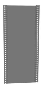 A tall, rectangular, gray metal panel with perforated edges featuring a series of evenly spaced square holes along both vertical sides. The central area is solid, and the panel is upright against a white background.