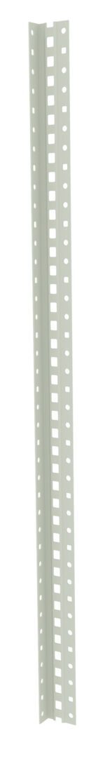 An angled metal bracket with evenly spaced square holes along its length, designed for adjustable shelving or structural support. The bracket is light gray and rests against a plain white background.