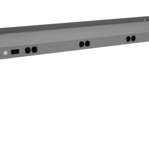 A gray metal electrical enclosure with a flat top and two vertical sides. It features several circular openings for outlets and ports, and a single switch on the front panel. The enclosure is designed for mounting, with holes for screws on the sides.