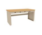 A rectangular workbench with a wooden top and beige metal frame. It has multiple circular cutouts on the front panel, possibly for cable management. The design is simple and functional, suitable for industrial or workshop settings.