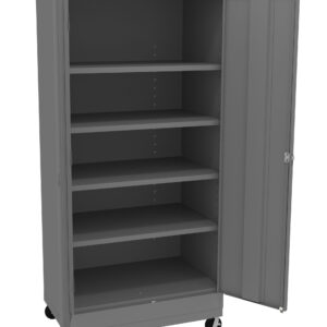 A tall, gray storage cabinet with one open door, revealing five empty shelves inside. The cabinet is on four wheels, allowing for mobility.