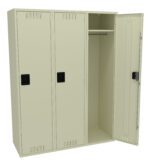 Beige metal locker with three compartments. Two doors are closed, and one is open, revealing a hanging rod and a hook inside. Black rectangular handles are on each door.