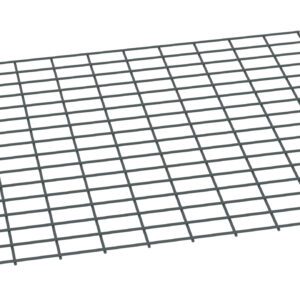 A rectangular metal wire mesh grid with evenly spaced horizontal and vertical lines creating square openings, viewed from an angle against a white background.