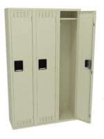 A beige metal locker with three compartments is shown. The left and middle doors are closed, while the right door is open, revealing a hanging rod and empty interior. The lockers have black handles and ventilation slots at the top and bottom.