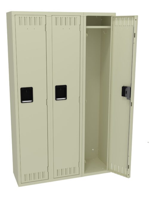 A beige metal locker with three compartments is shown. The left and middle doors are closed, while the right door is open, revealing a hanging rod and empty interior. The lockers have black handles and ventilation slots at the top and bottom.