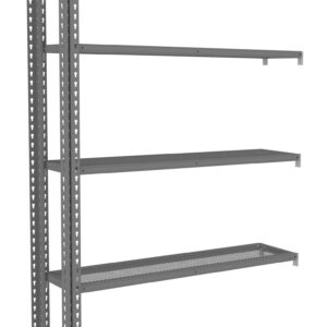 A tall, freestanding metal shelving unit with five adjustable perforated shelves. It has a gray finish and is designed for storage or organization in home or office environments.