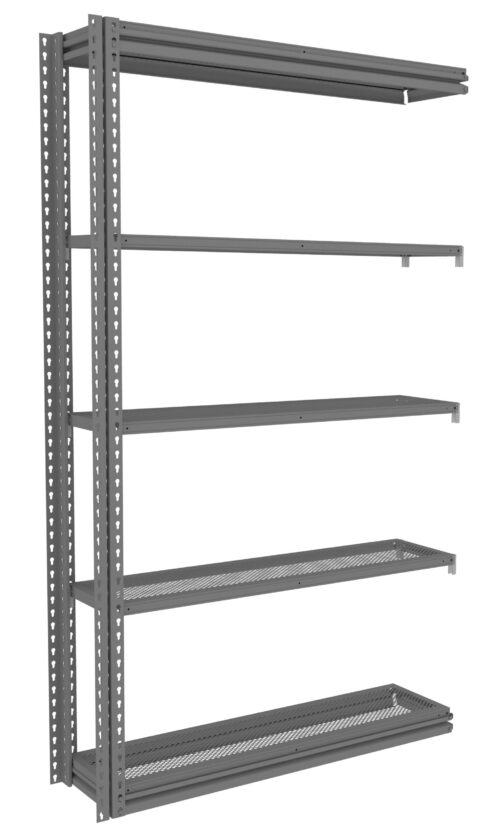 A tall, freestanding metal shelving unit with five adjustable perforated shelves. It has a gray finish and is designed for storage or organization in home or office environments.