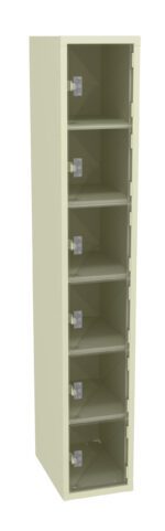 Tall beige locker with a transparent door and six shelves, each with a small lock. The locker is empty and stands on a plain white background.