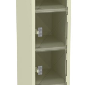 Tall beige locker with a transparent door and six shelves, each with a small lock. The locker is empty and stands on a plain white background.