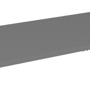 A long, flat, rectangular gray metal shelf is displayed against a white background. The surface appears smooth and even, suitable for storage or display purposes.
