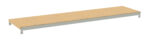 A long, rectangular wooden shelf with a light gray metal frame, viewed from an angled perspective. The shelf has no visible supports beneath it, and its simple design suggests its meant for practical storage use.