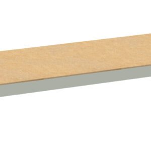 A long, rectangular wooden shelf with a light gray metal frame, viewed from an angled perspective. The shelf has no visible supports beneath it, and its simple design suggests its meant for practical storage use.