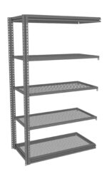 Gray metal shelving unit with five adjustable perforated shelves. The frame features multiple holes for customizing shelf height. The design is industrial and utilitarian, suitable for storage in a garage, workshop, or warehouse setting.