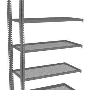 Gray metal shelving unit with five adjustable perforated shelves. The frame features multiple holes for customizing shelf height. The design is industrial and utilitarian, suitable for storage in a garage, workshop, or warehouse setting.