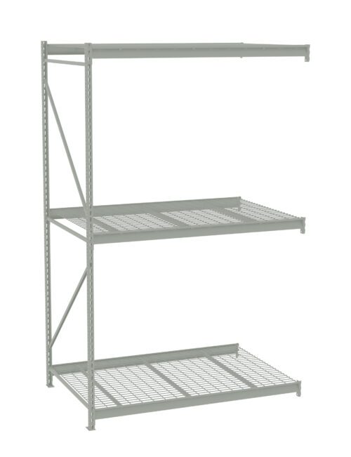 A metal storage rack with three open shelves of different depths, designed for warehouse or industrial use. The structure is silver-gray and features a grid-like pattern on the bottom shelf and solid flat surfaces on the upper shelves.