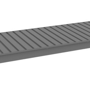 A long, gray, rectangular corrugated metal shelf with raised edges on both ends, designed for secure storage or organizational use.