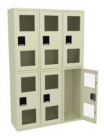 A beige six-cubicle locker unit with transparent windows and black handles. The unit has two columns and three rows. One door is open, revealing an empty compartment.