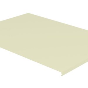A beige, rectangular metal shelf panel with slightly raised edges is displayed on a white background, viewed from an angle.
