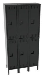 A row of six black metal lockers, arranged in two columns of three. Each locker has a vented door with a handle and a keyhole, mounted on legs to elevate the base from the ground.