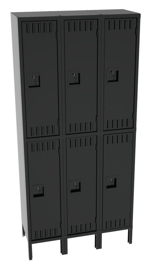 A row of six black metal lockers, arranged in two columns of three. Each locker has a vented door with a handle and a keyhole, mounted on legs to elevate the base from the ground.