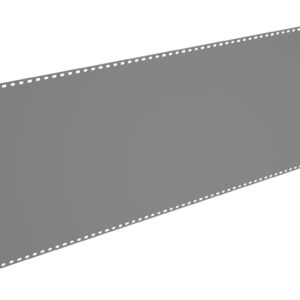 A long, gray, perforated strip of paper or card with evenly spaced holes along the top and bottom edges, resembling a traditional computer punch card or ticker tape, displayed on a white background.