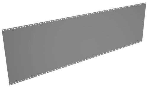 A long, gray, perforated strip of paper or card with evenly spaced holes along the top and bottom edges, resembling a traditional computer punch card or ticker tape, displayed on a white background.