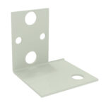 A light green L-shaped metal bracket with multiple circular holes of varying sizes. The bracket has a reflective surface and appears to be used for mounting or support purposes.