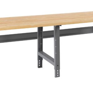 A wooden-topped workbench with a metal frame and four adjustable legs is shown. The bench features a simple, sturdy design suitable for workshops or garages. The wood surface contrasts with the gray metal support structure.