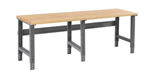 cwo1jq3hxdlvyrjovlo4.jpg A wooden-topped workbench with a metal frame and four adjustable legs is shown. The bench features a simple, sturdy design suitable for workshops or garages. The wood surface contrasts with the gray metal support structure.