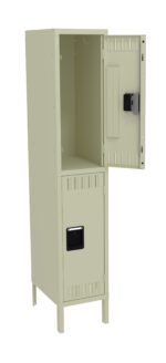 A beige metal locker with two compartments. The top compartment door is open, revealing the empty interior. The bottom compartment door is closed. Each door has a handle, and the locker stands on four short legs.